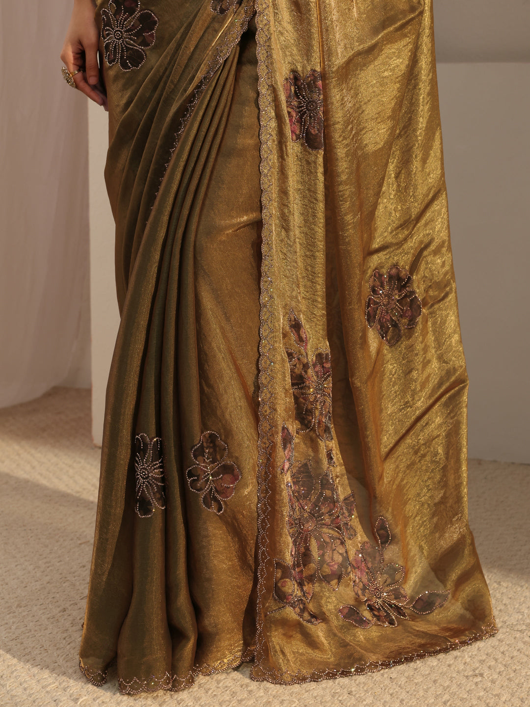 Libas Golden Embellished Tissue Saree With Unstiched Blouse Piece