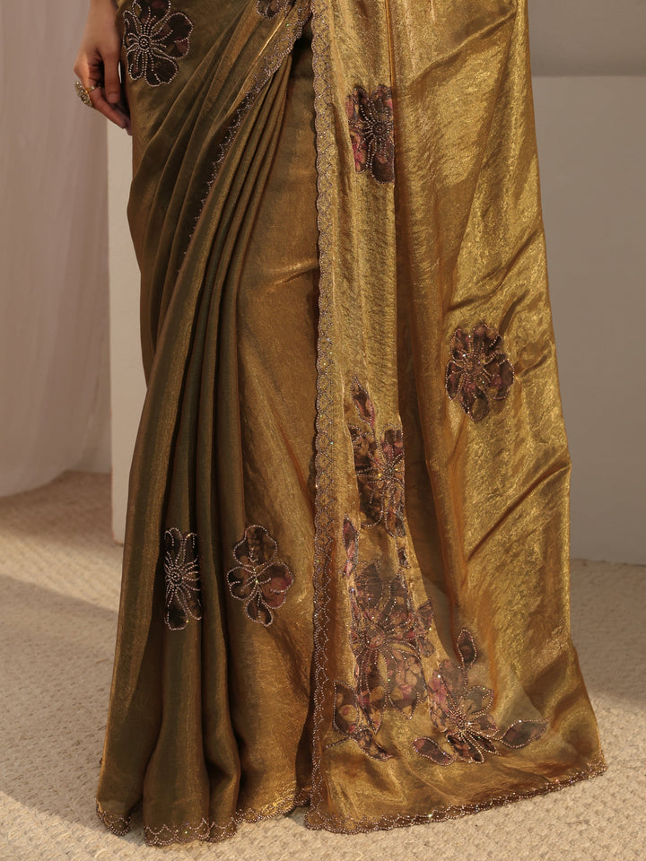 Libas Golden Embellished Tissue Saree With Unstiched Blouse Piece