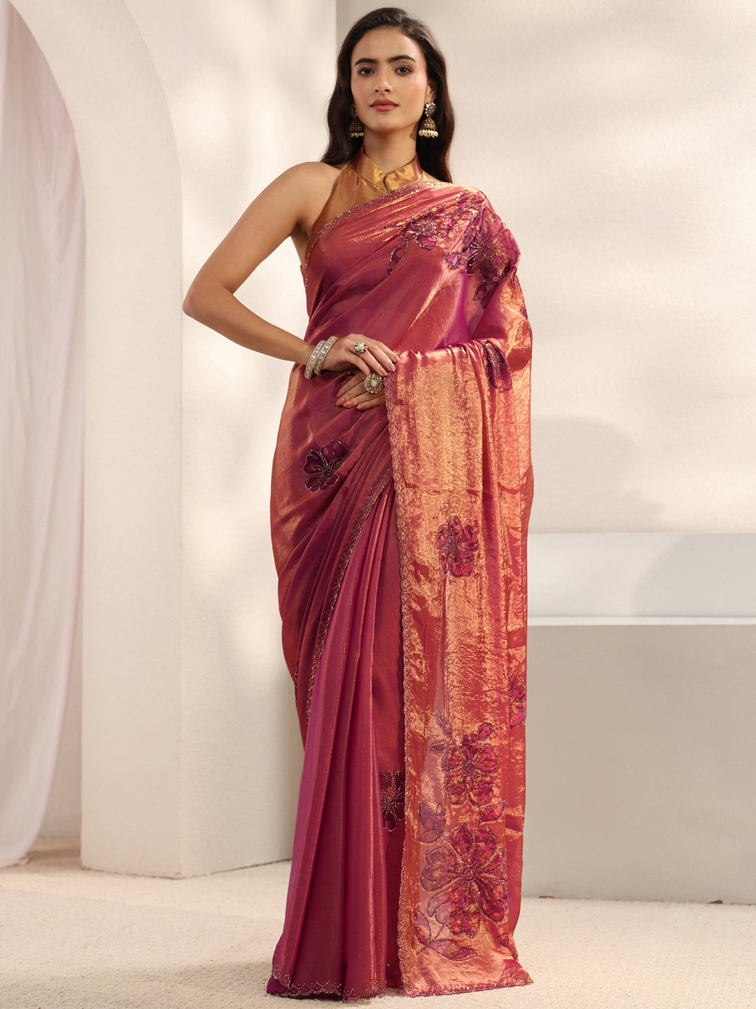 Pink Floral Embellished Tissue Saree With Unstitched Blouse Piece