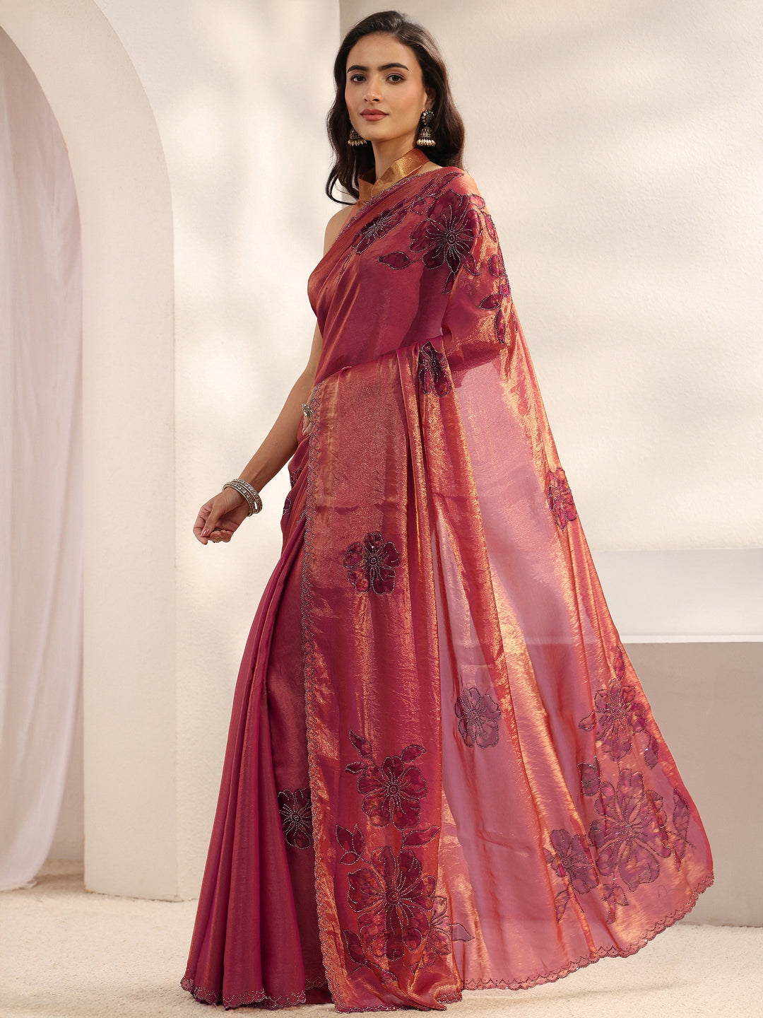 Pink Floral Embellished Tissue Saree With Unstitched Blouse Piece