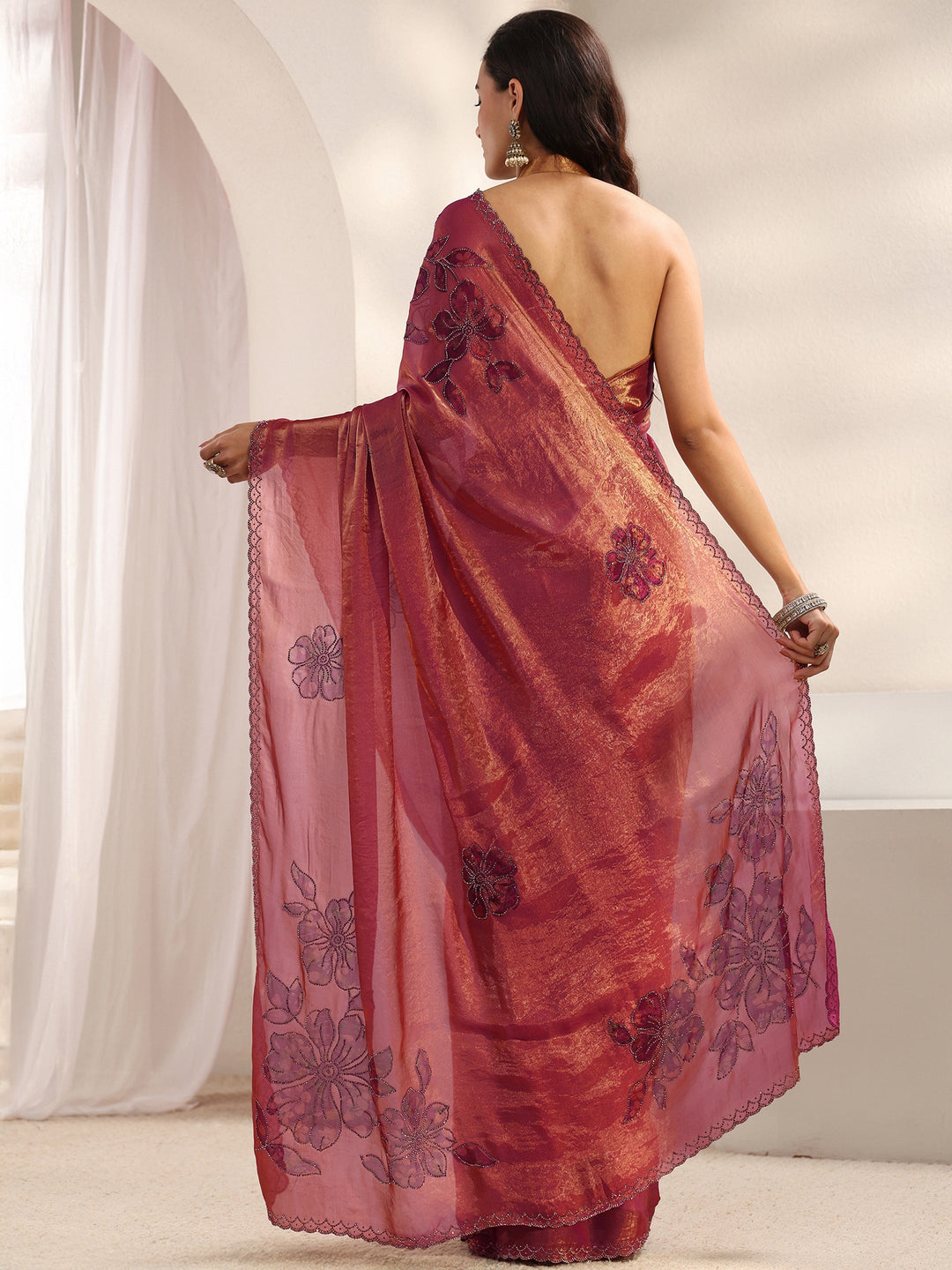 Pink Floral Embellished Tissue Saree With Unstitched Blouse Piece