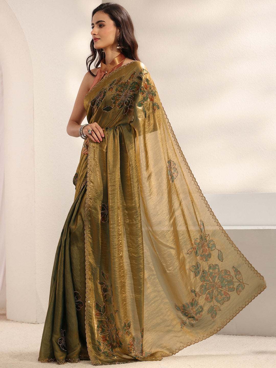 Green Floral Embellished Tissue Saree With Unstitched Blouse Piece