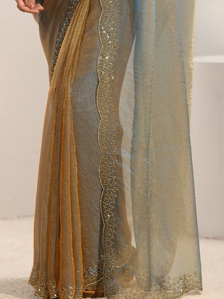 Libas Blue Embellished Border Tissue Saree With Unstitched Blouse Piece