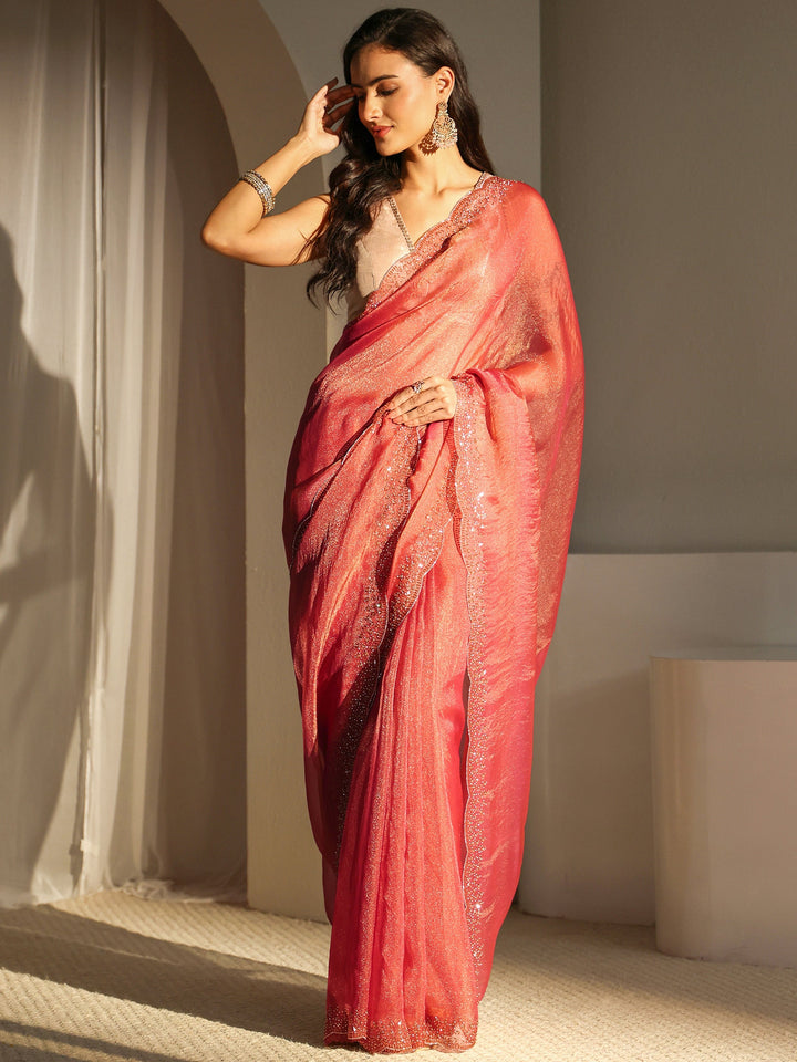 Pink Embellished Border Tissue Saree With Unstitched Blouse Piece
