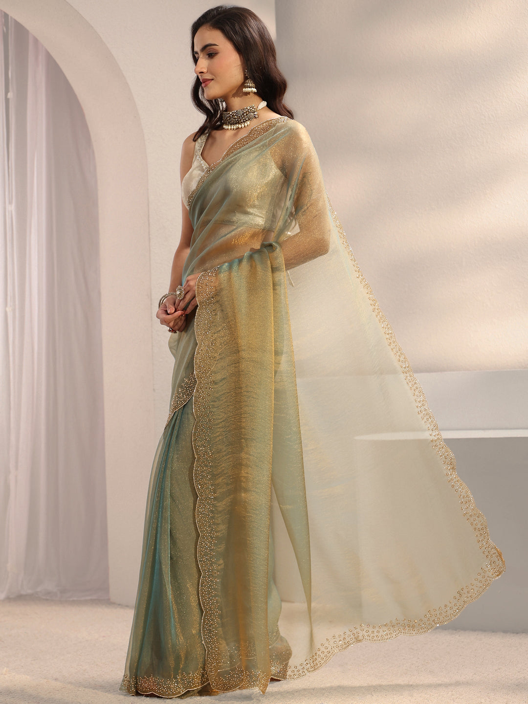 Libas Green Embellished Border Tissue Saree With Unstitched Blouse Piece