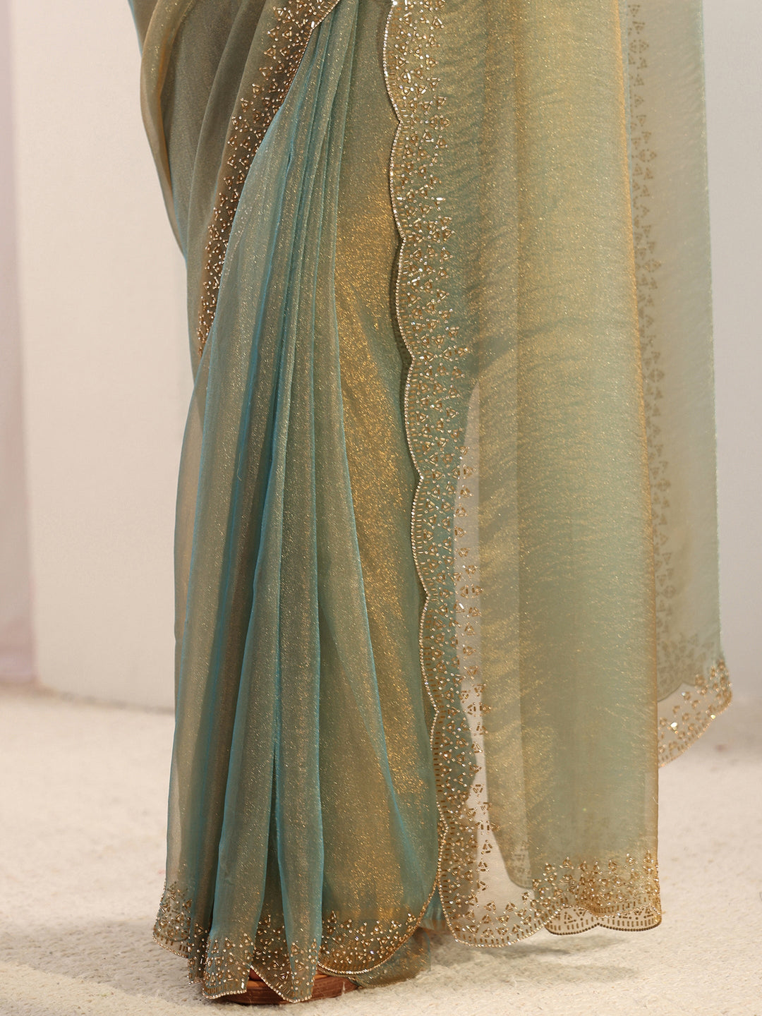 Libas Green Embellished Border Tissue Saree With Unstitched Blouse Piece