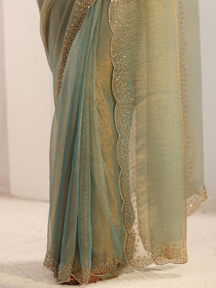 Libas Green Embellished Border Tissue Saree With Unstitched Blouse Piece