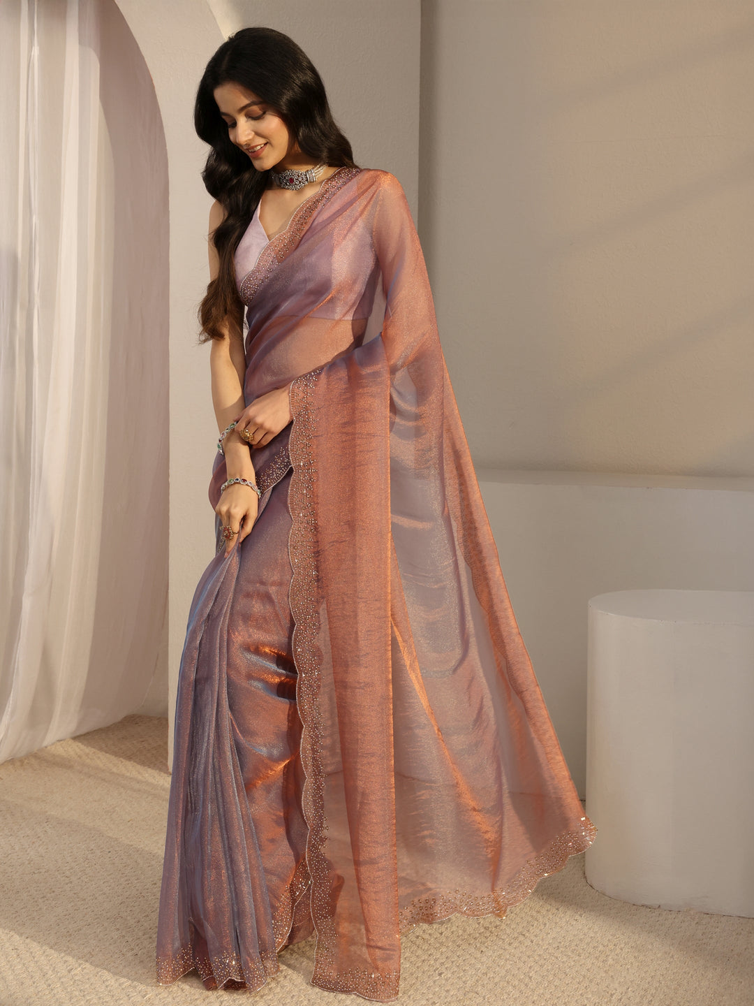 Libas Purple Embellished Tissue Saree With Unstiched Blouse Piece