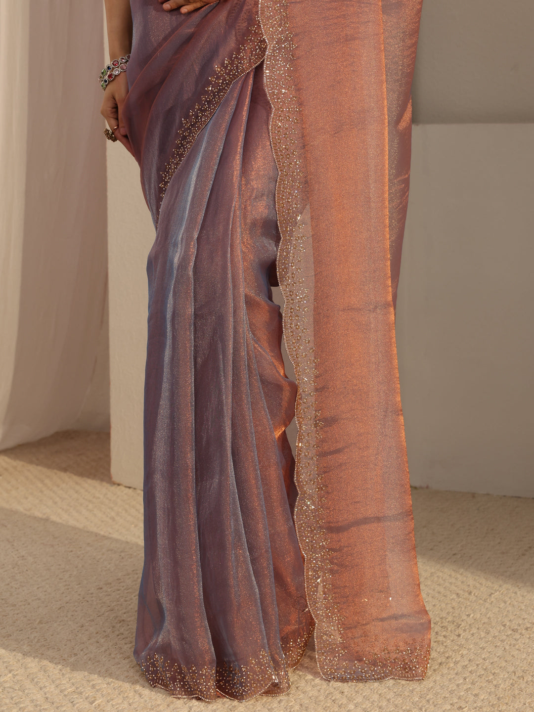 Libas Purple Embellished Tissue Saree With Unstiched Blouse Piece
