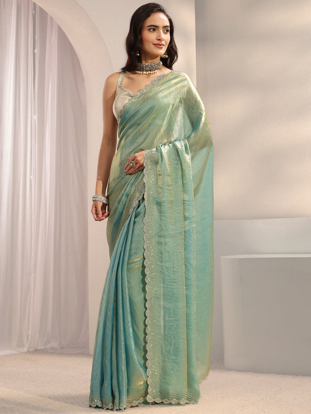 Libas Blue Embellished Border Tissue Saree With Unstitched Blouse Piece