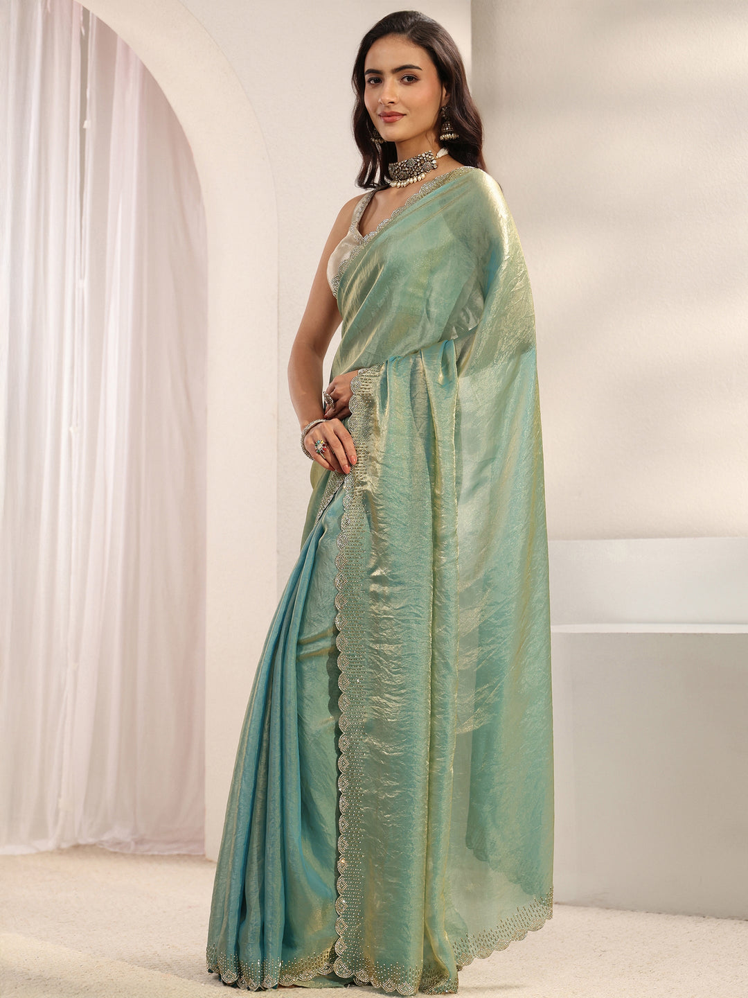 Libas Blue Embellished Border Tissue Saree With Unstitched Blouse Piece