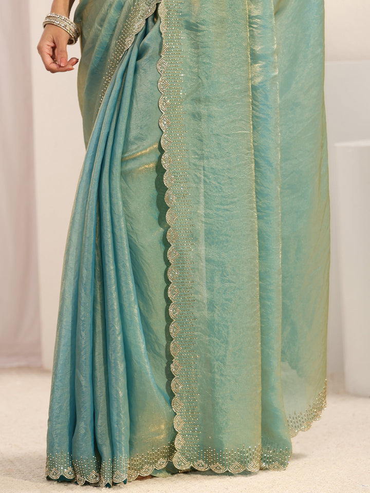 Libas Blue Embellished Border Tissue Saree With Unstitched Blouse Piece