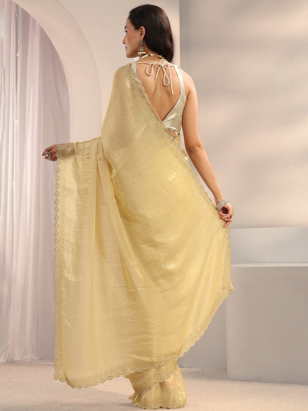 Beige Embellished Border Tissue Saree With Unstitched Blouse Piece