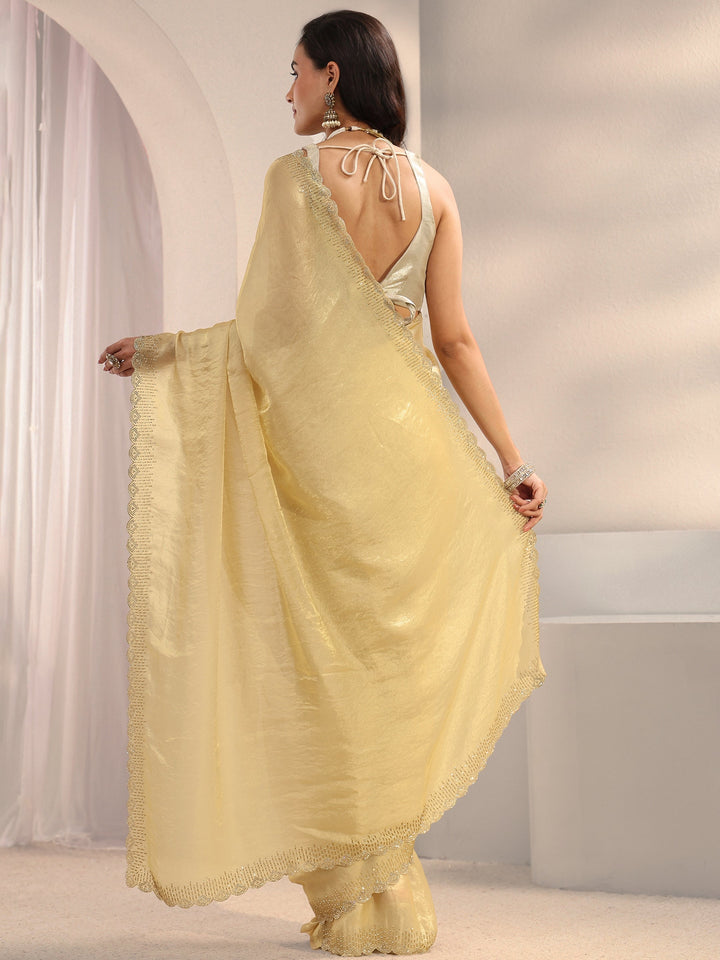 Beige Embellished Border Tissue Saree With Unstitched Blouse Piece