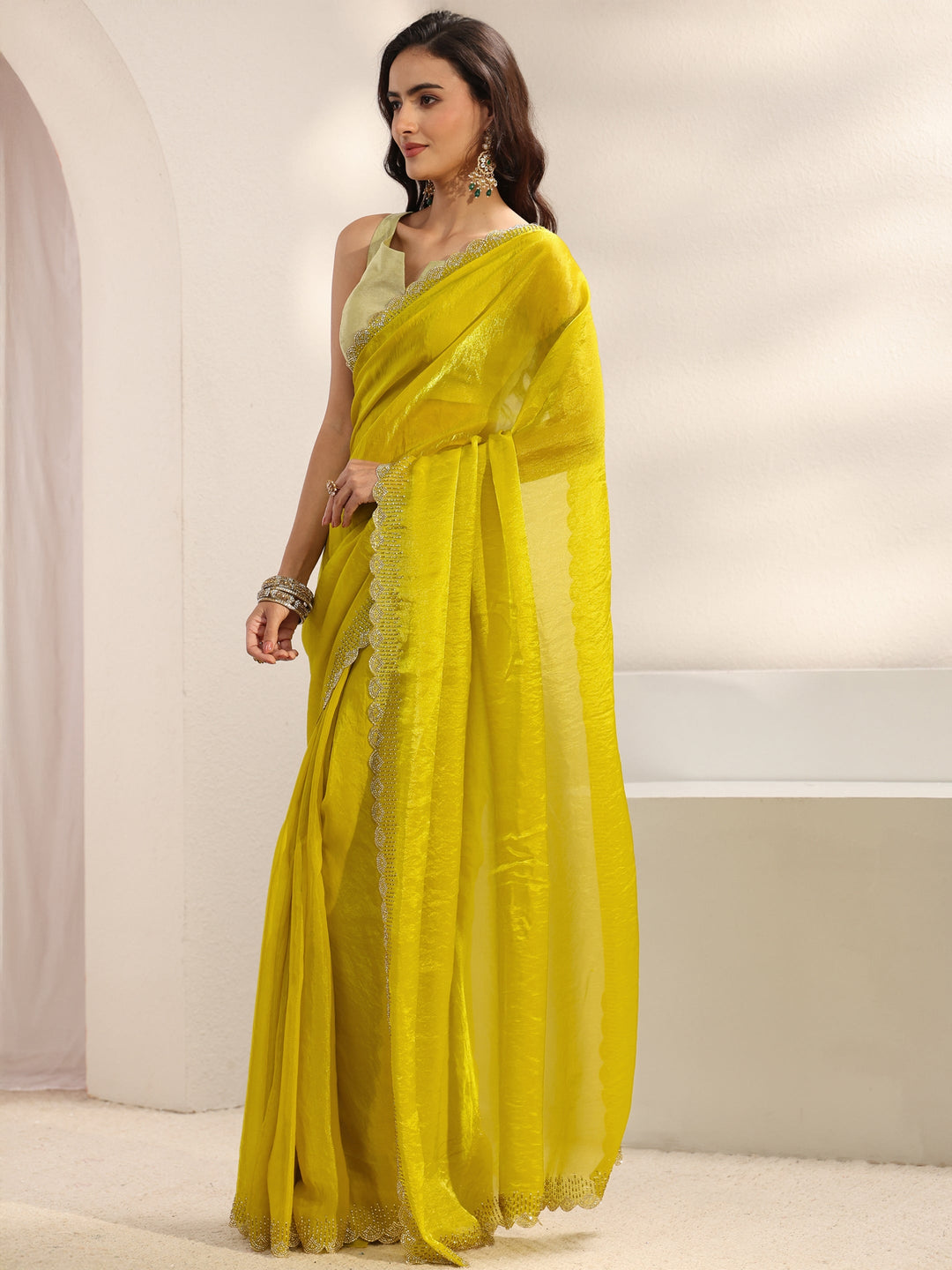 Green Embellished Border Tissue Saree With Unstitched Blouse Piece