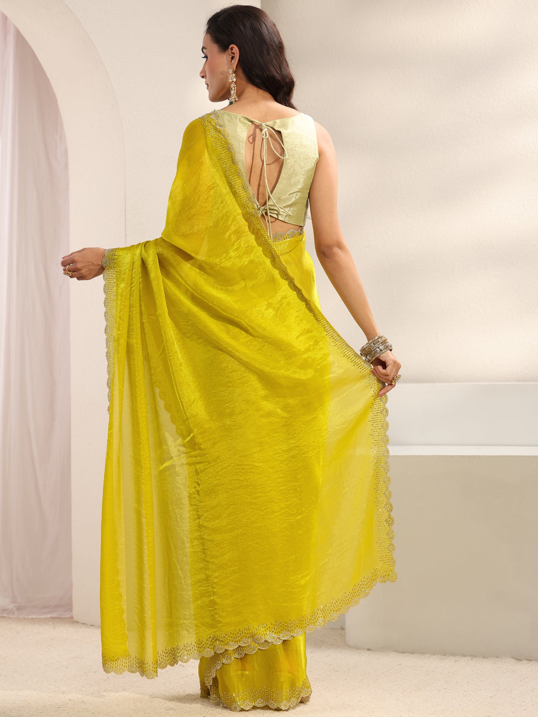Green Embellished Border Tissue Saree With Unstitched Blouse Piece