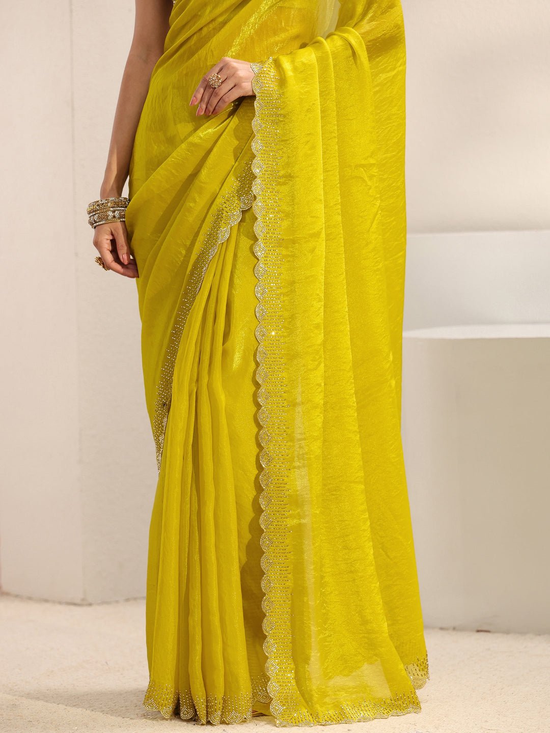 Green Embellished Border Tissue Saree With Unstitched Blouse Piece