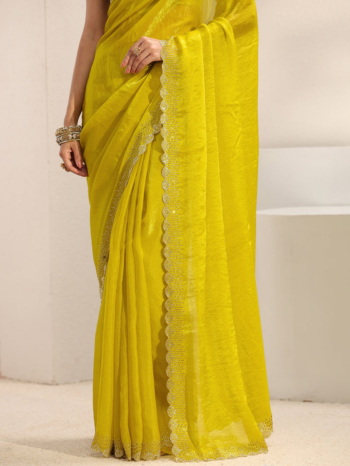 Green Embellished Border Tissue Saree With Unstitched Blouse Piece