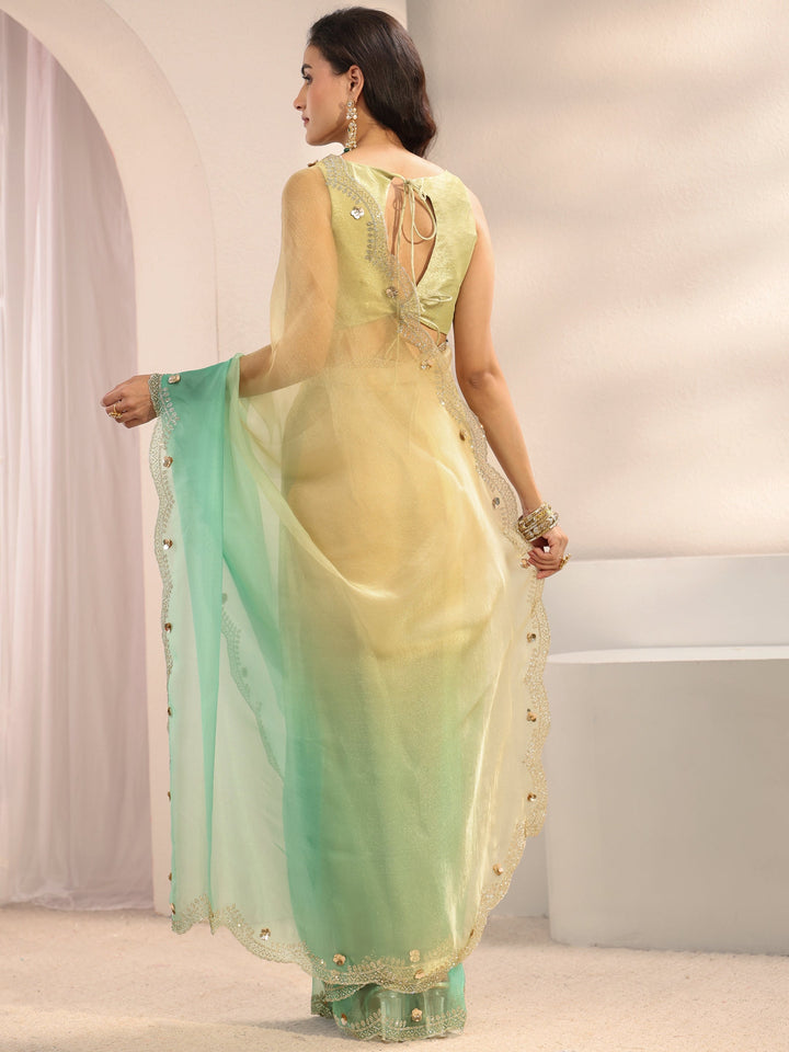 Green Embellished Border Ombre Tissue Saree With Unstitched Blouse Piece