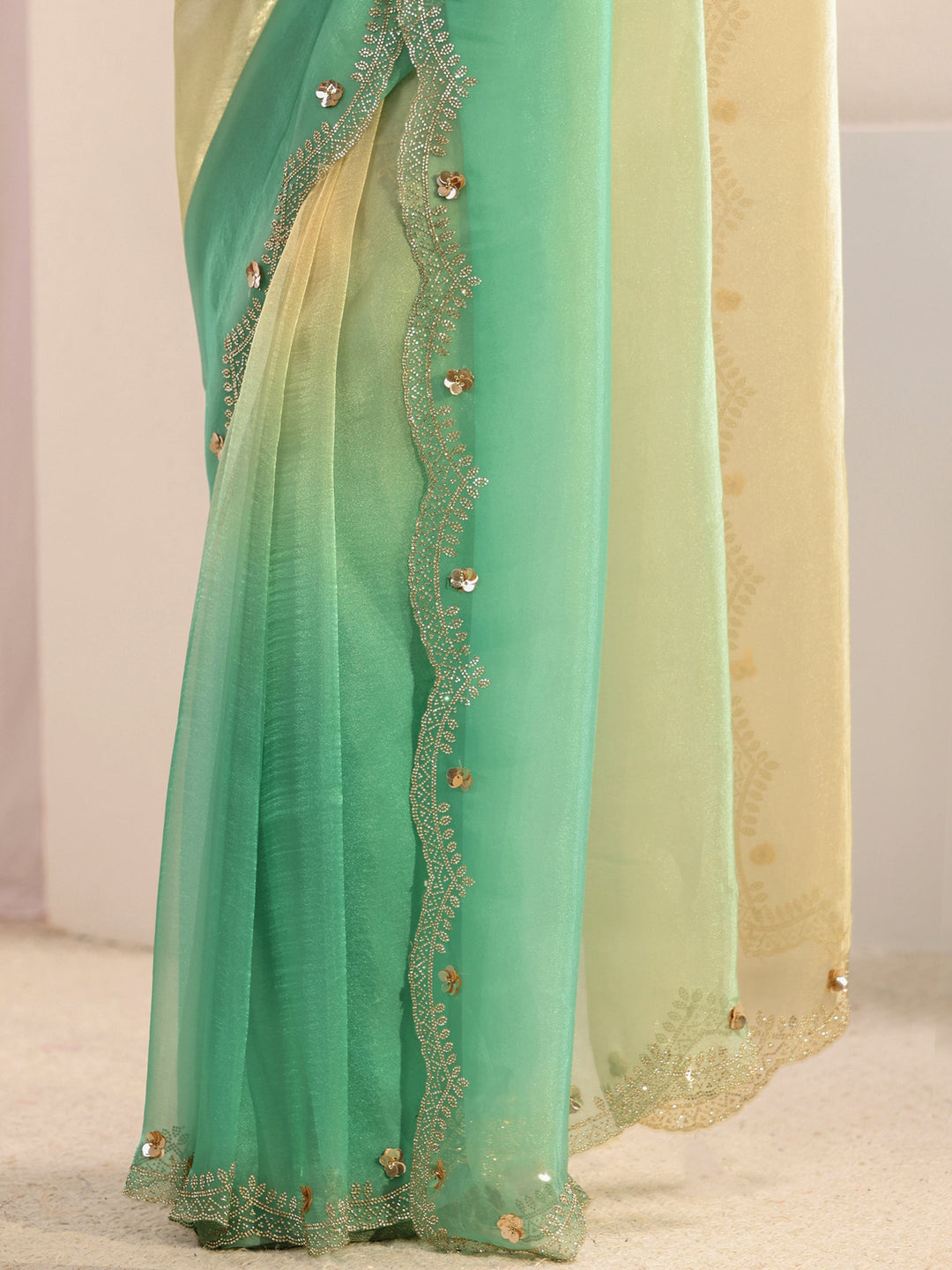 Green Embellished Border Ombre Tissue Saree With Unstitched Blouse Piece