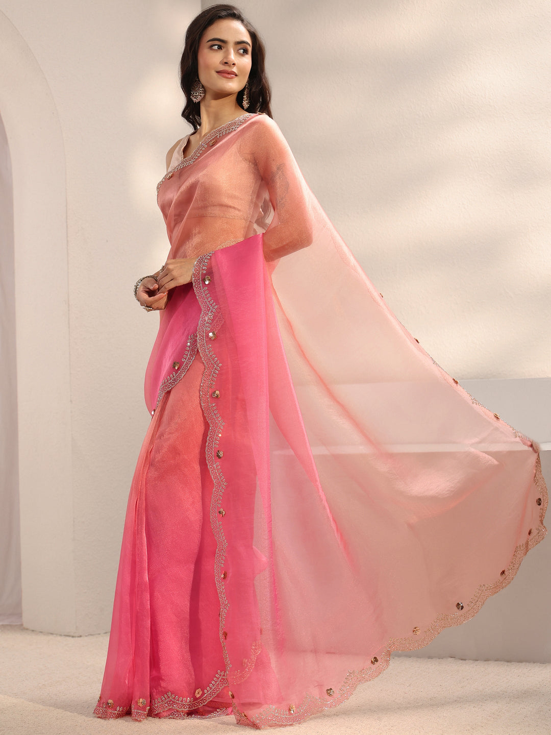 Libas Pink Embellished Border Ombre Tissue Saree With Unstitched Blouse Piece
