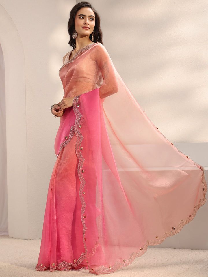 Libas Pink Embellished Border Ombre Tissue Saree With Unstitched Blouse Piece