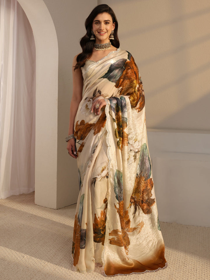 Libas Ivory Floral Printed Tissue Saree With Unstitched Blouse Piece