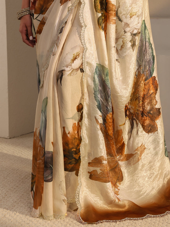Libas Ivory Floral Printed Tissue Saree With Unstitched Blouse Piece
