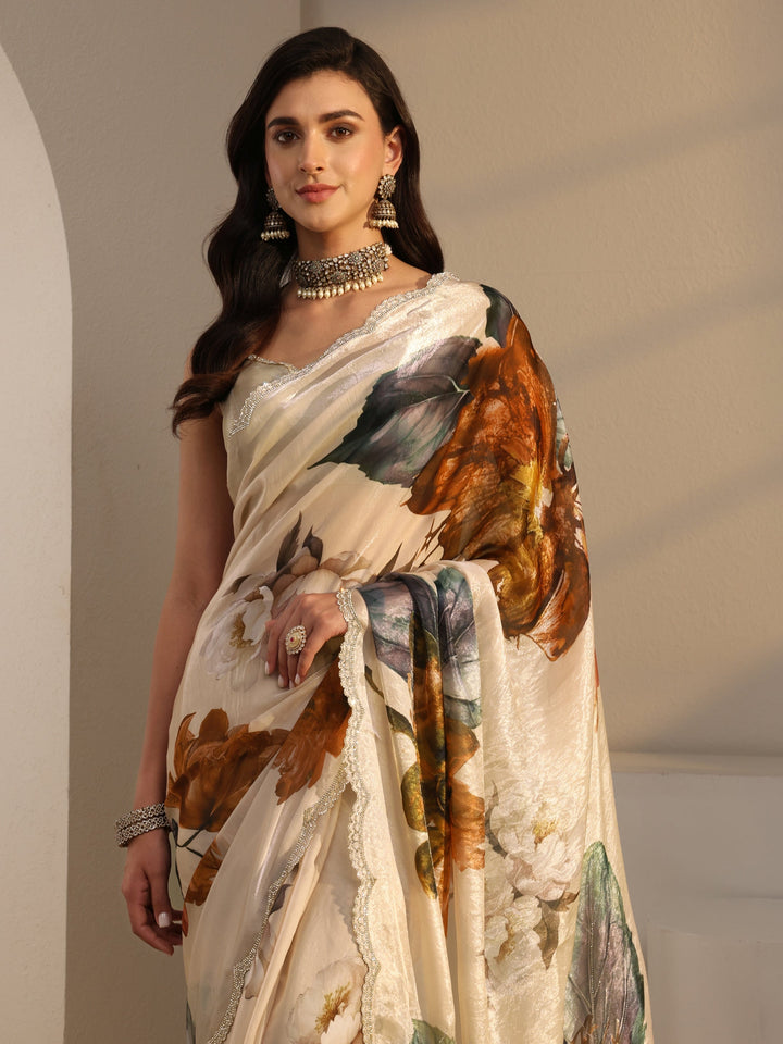 Libas Ivory Floral Printed Tissue Saree With Unstitched Blouse Piece