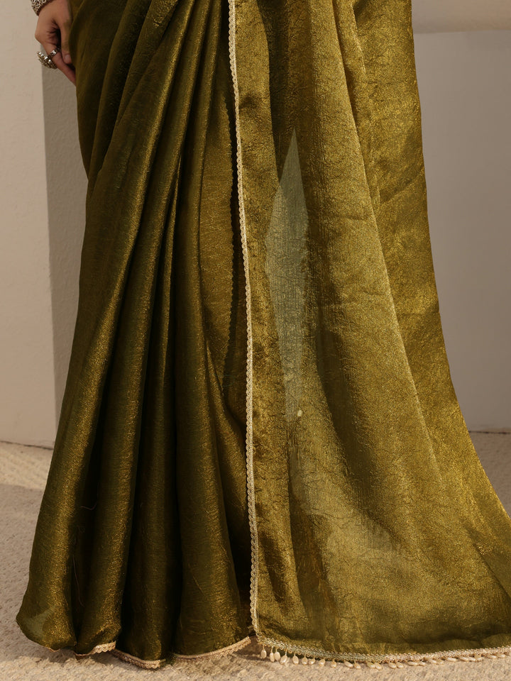Olive Solid Tissue Saree With Unstiched Blouse Piece