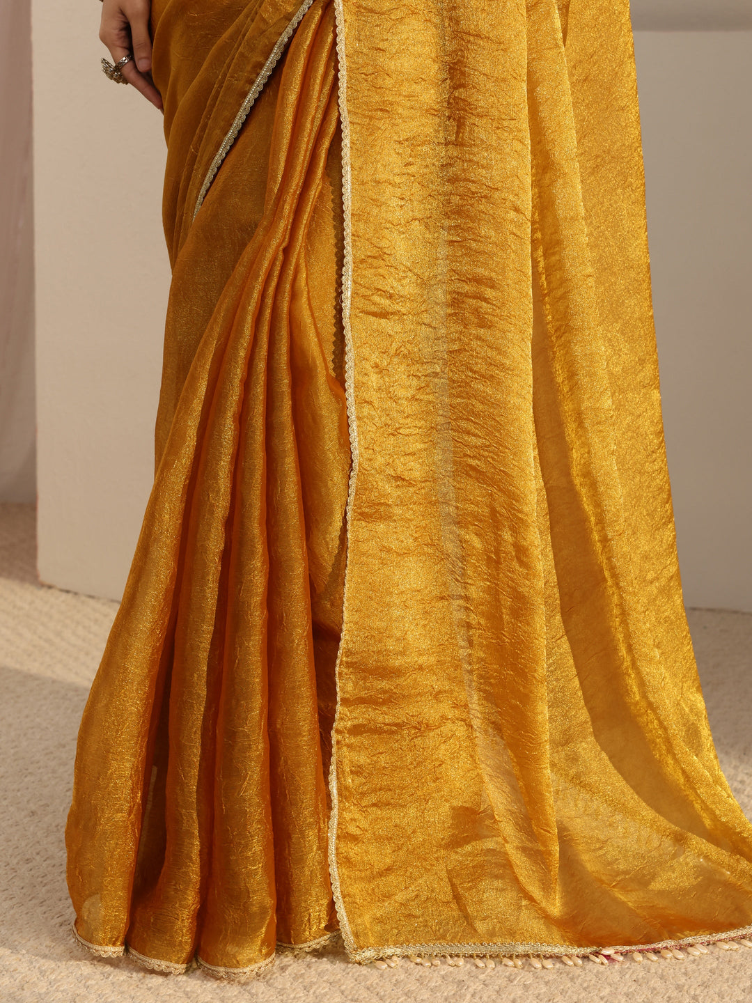 Mustard Solid Tissue Saree With Unstiched Blouse Piece