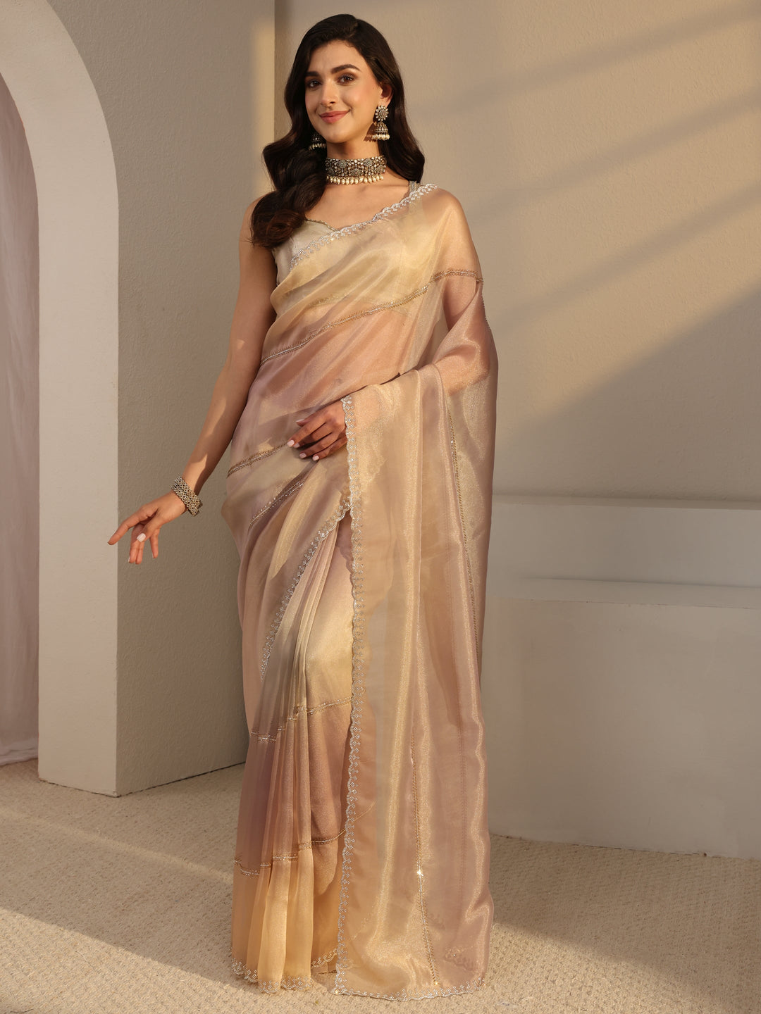Libas Beige Embellished Tissue Saree  With Unstitched Blouse Piece
