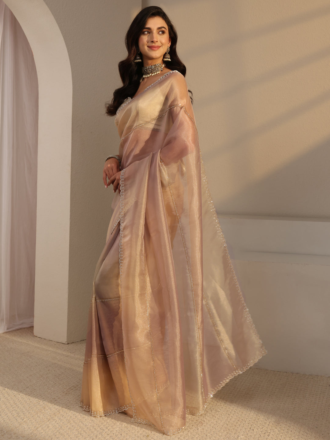 Libas Beige Embellished Tissue Saree  With Unstitched Blouse Piece