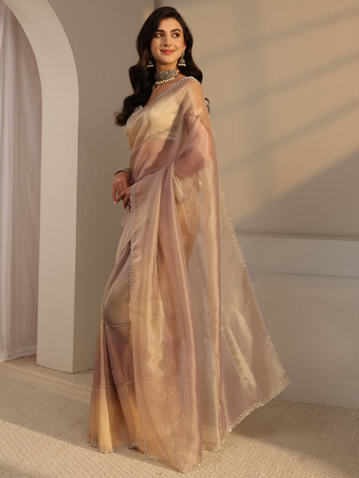 Libas Beige Embellished Tissue Saree  With Unstitched Blouse Piece