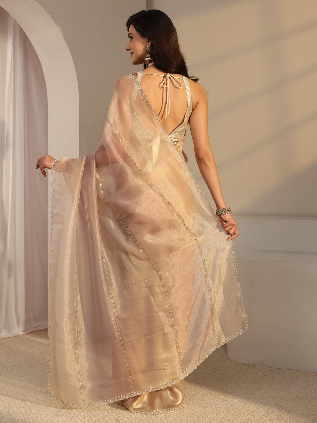 Libas Beige Embellished Tissue Saree  With Unstitched Blouse Piece
