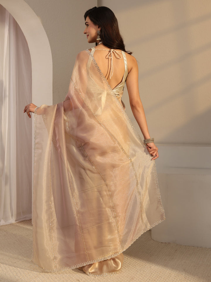 Libas Beige Embellished Tissue Saree  With Unstitched Blouse Piece