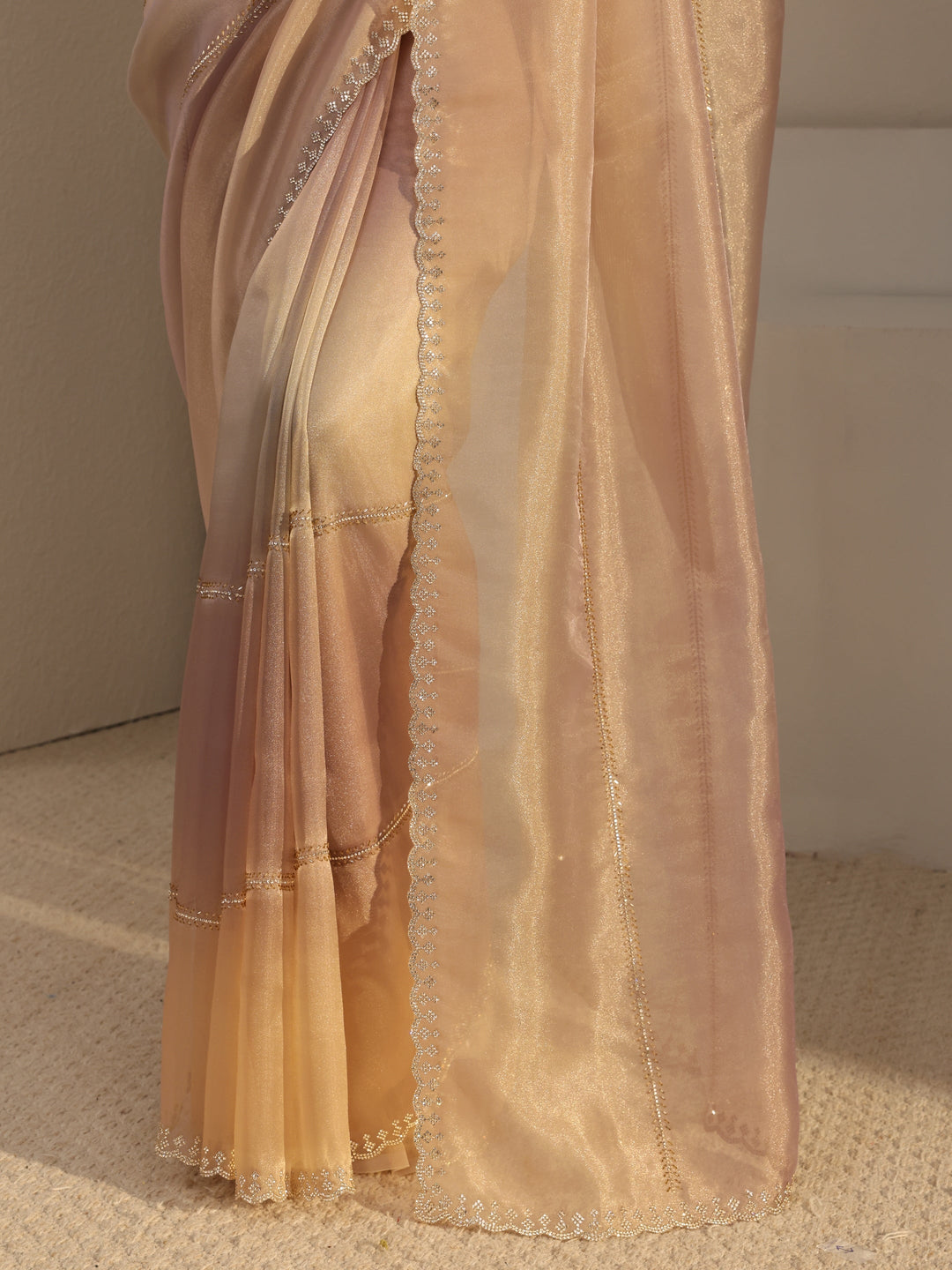 Libas Beige Embellished Tissue Saree  With Unstitched Blouse Piece
