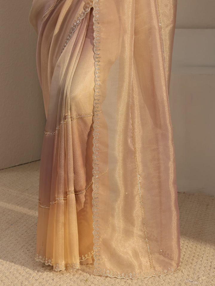 Libas Beige Embellished Tissue Saree  With Unstitched Blouse Piece