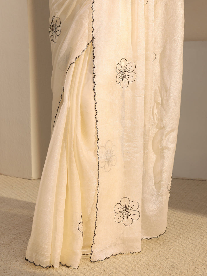 Ivory Floral Embellished Tissue Saree With Unstitched Blouse Piece