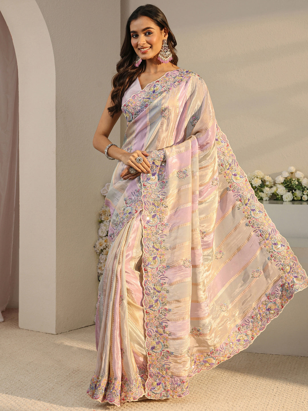 Libas Art Multi Floral Embroidered Tissue Saree With Unstitched Blouse Piece