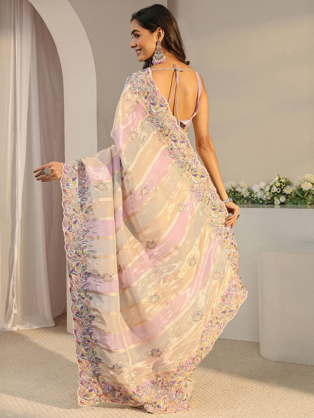 Libas Art Multi Floral Embroidered Tissue Saree With Unstitched Blouse Piece