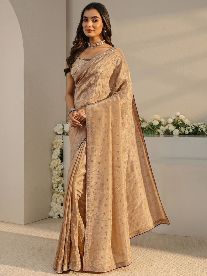 Libas Art Beige Embellished Tissue Saree With Unstitched Blouse Piece