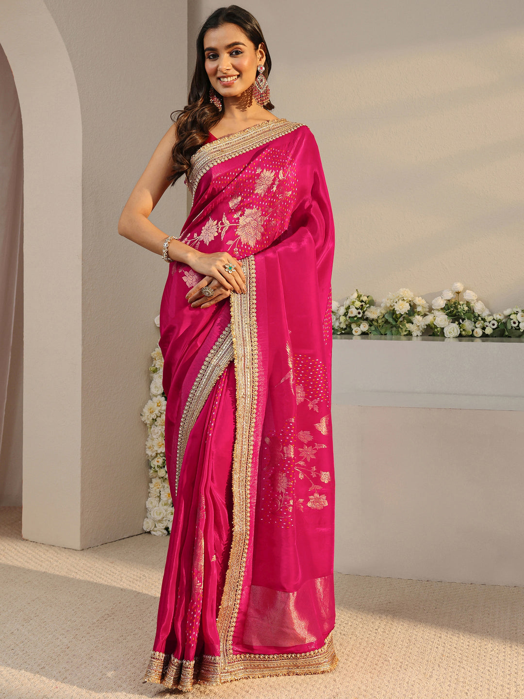 Libas Art Pink Floral Woven Design Satin Saree With Unstitched Blouse Piece