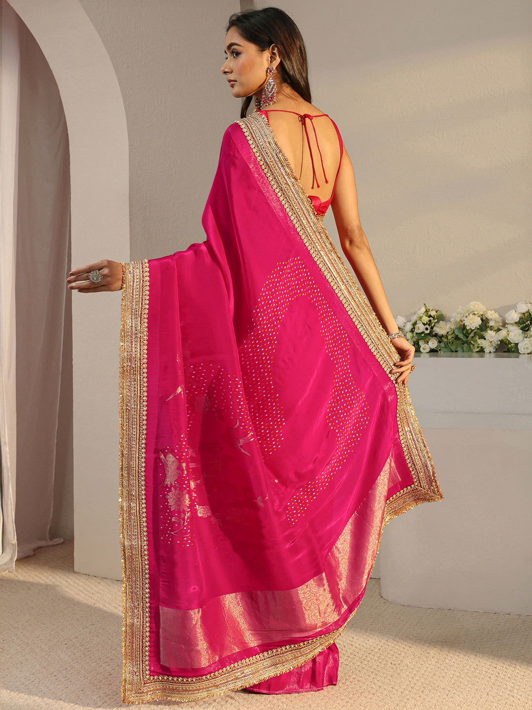 Libas Art Pink Floral Woven Design Satin Saree With Unstitched Blouse Piece
