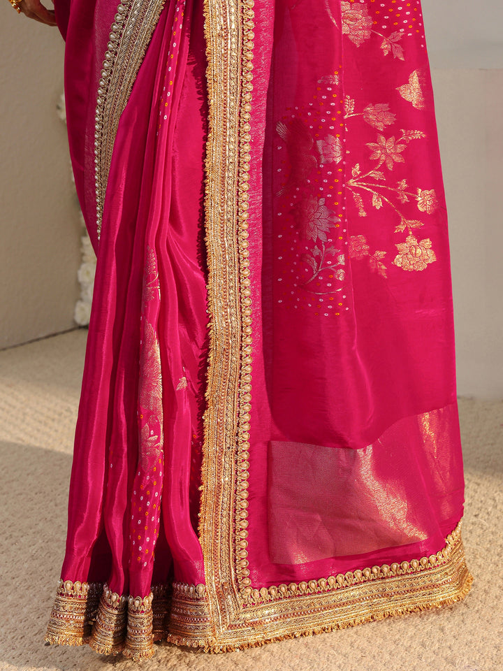 Libas Art Pink Floral Woven Design Satin Saree With Unstitched Blouse Piece