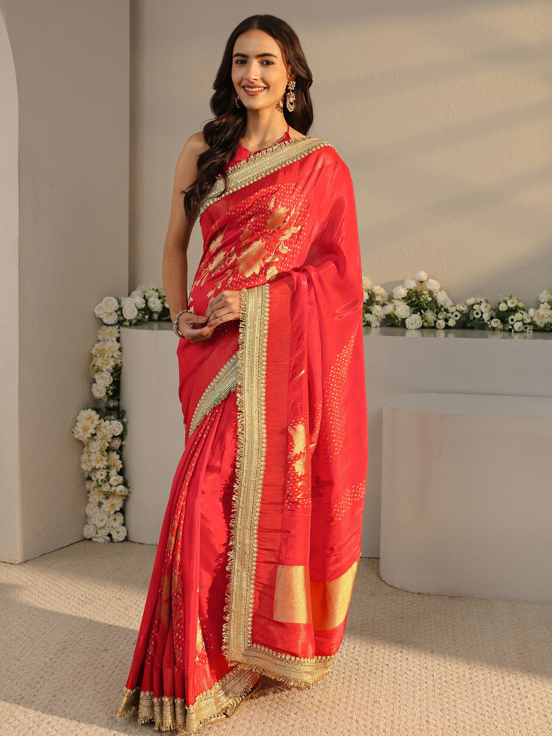 Libas Art Orange Floral Woven Design Satin Saree With Unstitched Blouse Piece