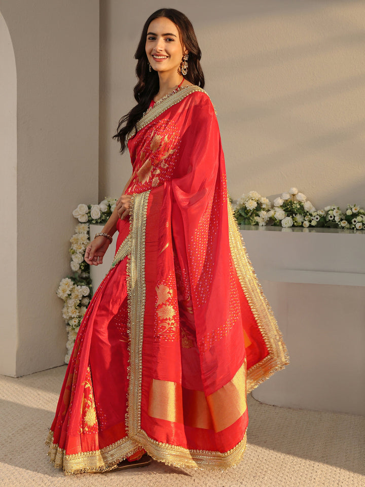 Libas Art Orange Floral Woven Design Satin Saree With Unstitched Blouse Piece