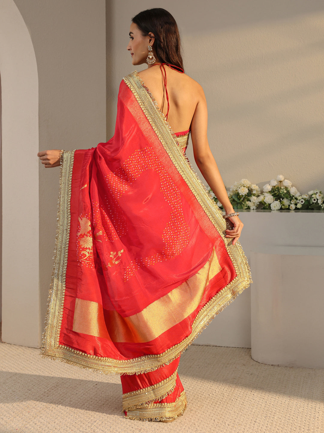Libas Art Orange Floral Woven Design Satin Saree With Unstitched Blouse Piece