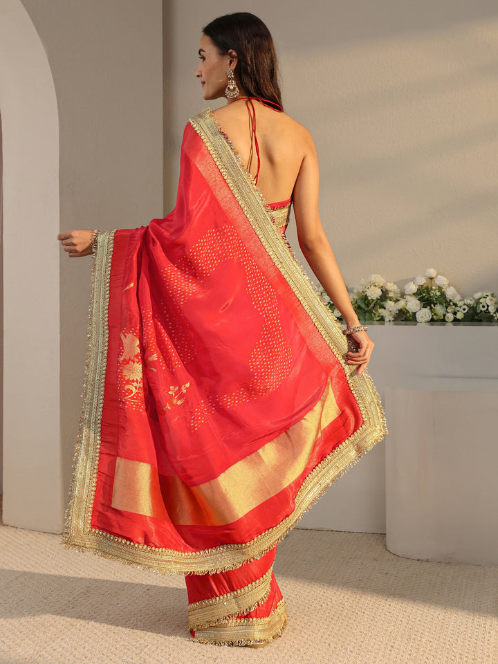 Libas Art Orange Floral Woven Design Satin Saree With Unstitched Blouse Piece