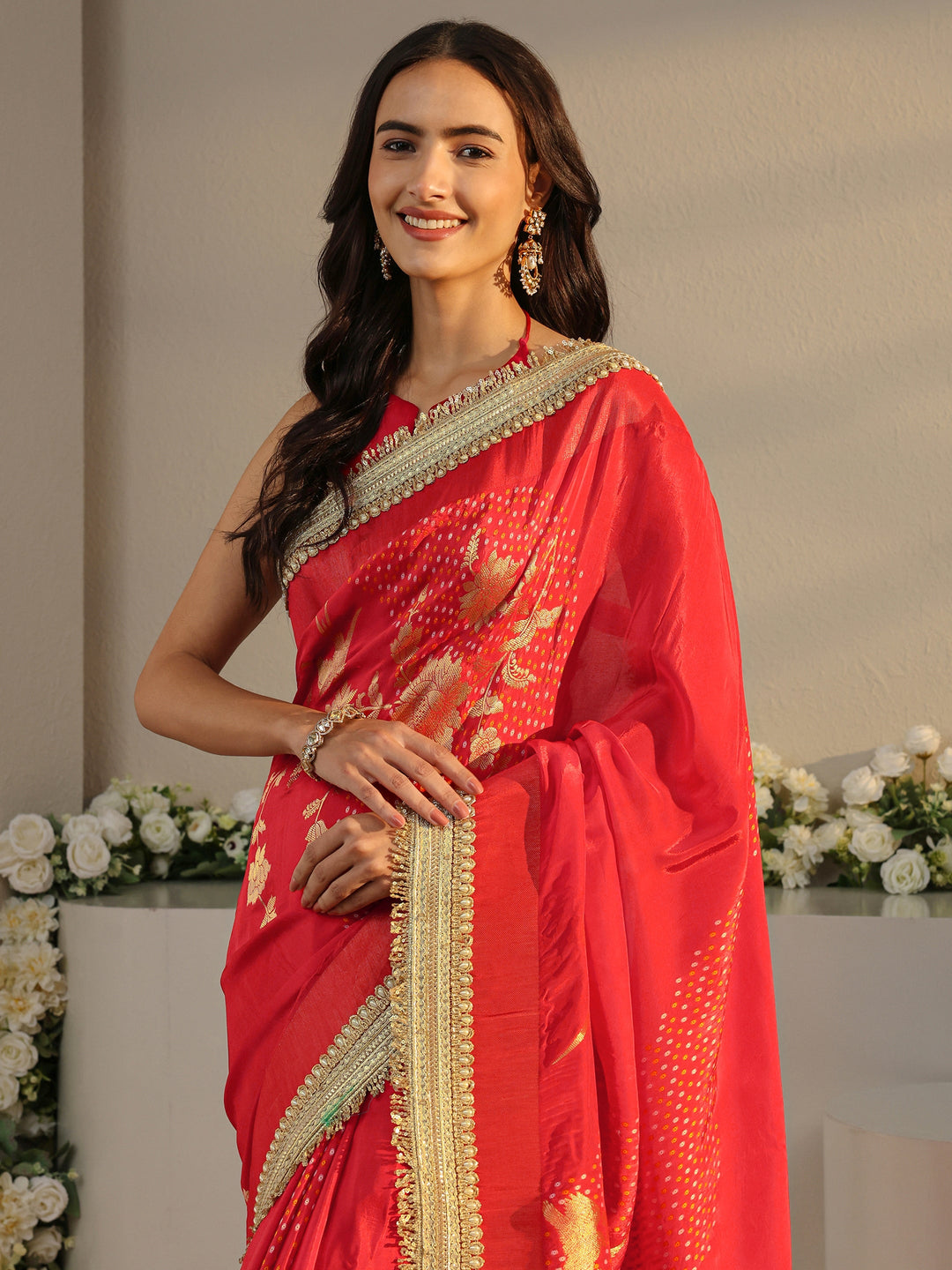 Libas Art Orange Floral Woven Design Satin Saree With Unstitched Blouse Piece